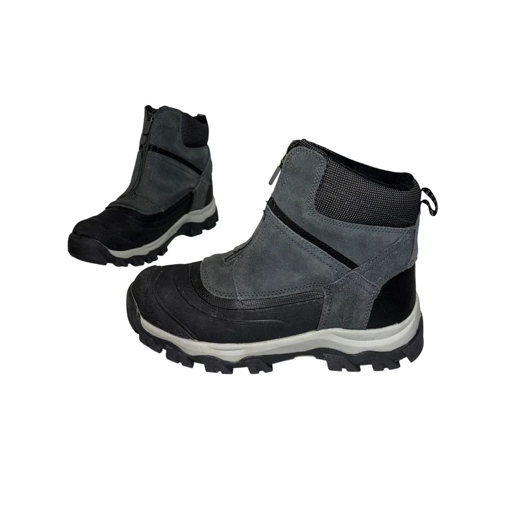 Lands End Mens Snow Boots Sz 9D Gray Suede Front Zip Insulated Winter Waterproof